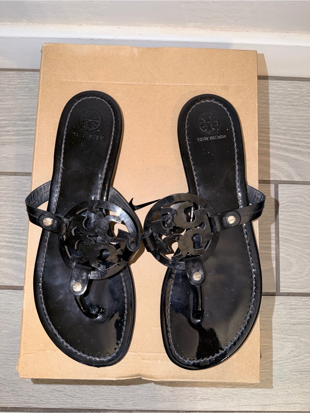 Tory Burch Black Patent Logo Thong Sandals